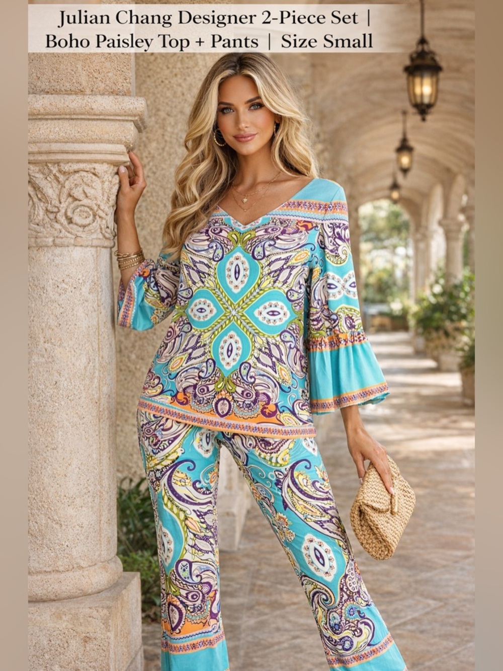Julian Chang Designer 2-Piece Set | Boho Paisley Top + Pants | Size Small